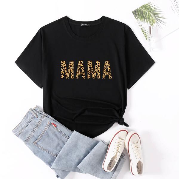 

Plus Letter And Leopard Print Tee, Black