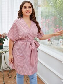 Mulvari Plus Striped Batwing Sleeve Belted Blouse - Dusty Pink - View 6