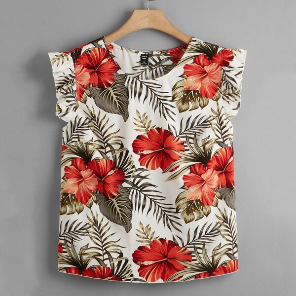

Plus Tropical & Floral Print Ruffle Trim Blouse, Multicolor