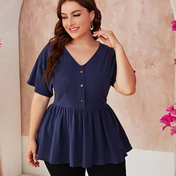 

Plus V-neck Button Front Peplum Blouse, Navy blue