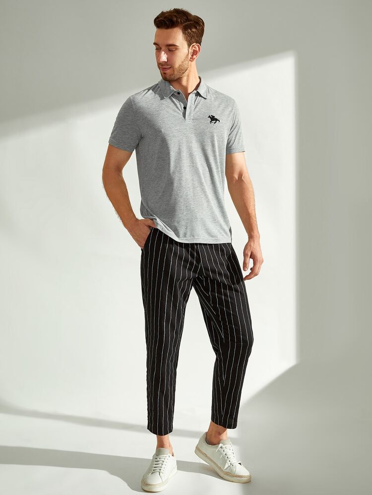 Manfinity Hombres Camisa polo con bordado figura - Gris - Añade 3