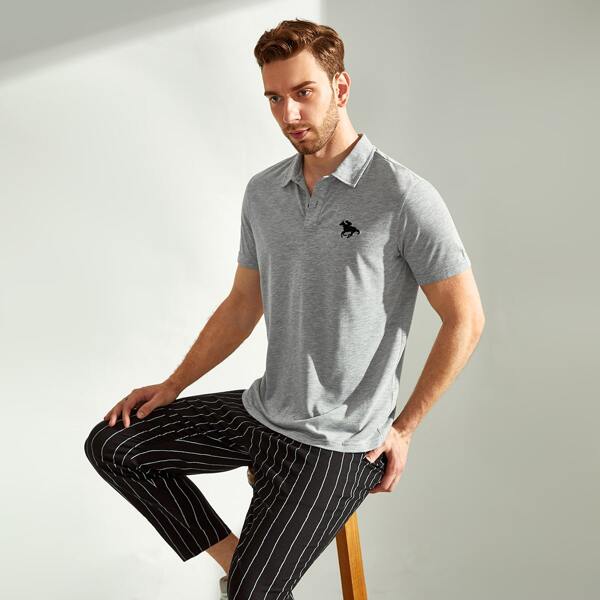

Men Embroidery Figure Polo Shirt, Grey