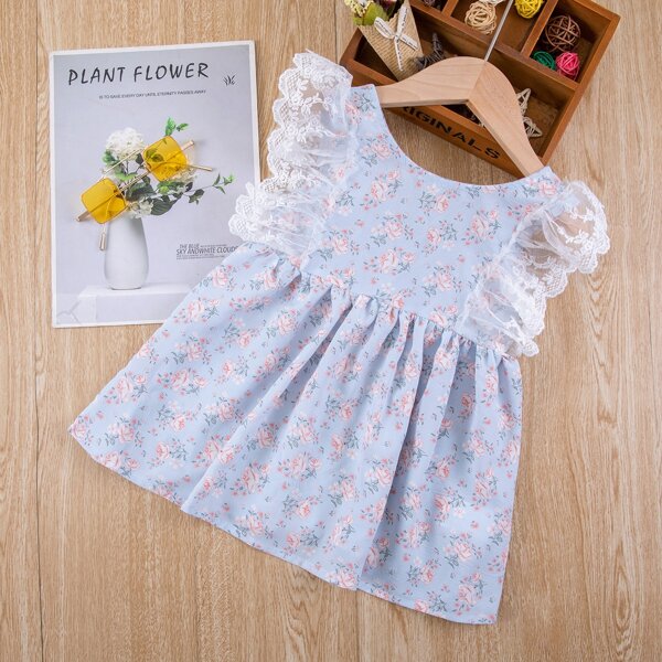 

Toddler Girls Floral Contrast Lace Babydoll Dress, Baby blue