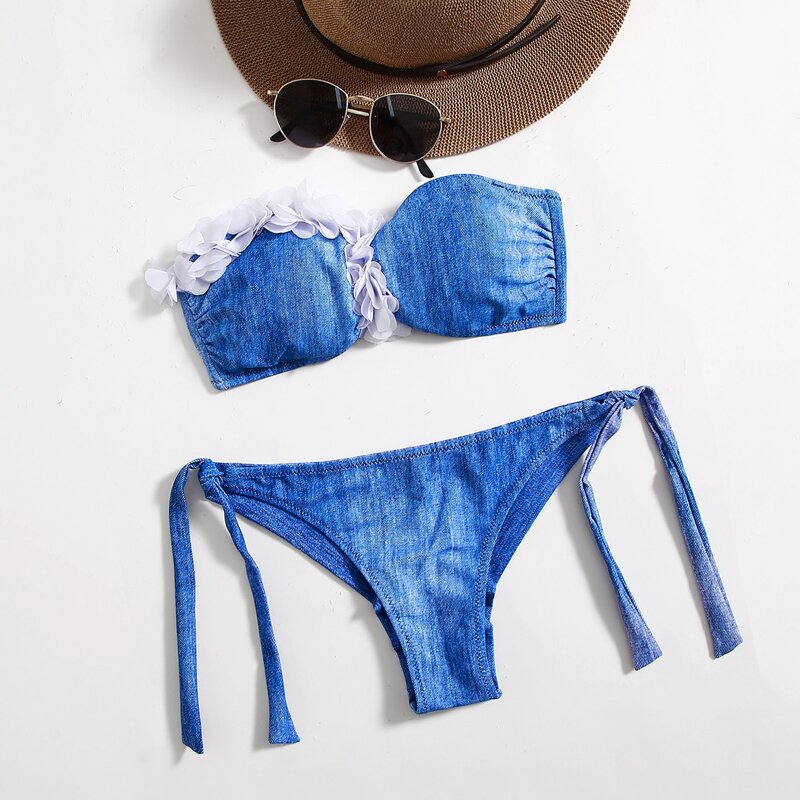 

Floral Applique Bikini Swimsuit, Blue
