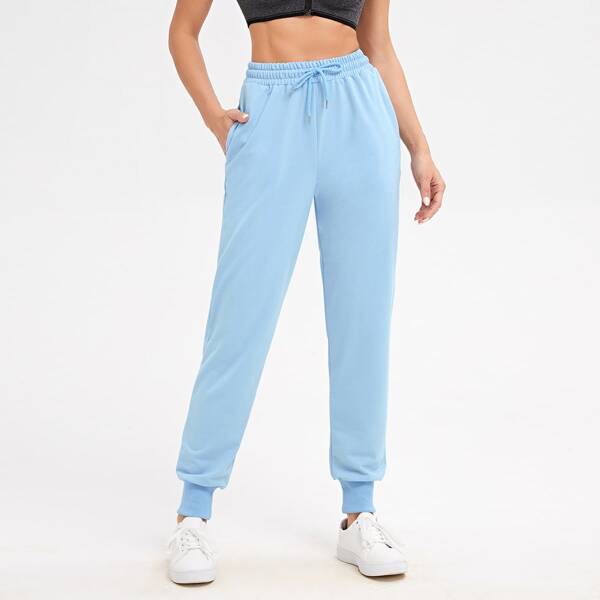 

Solid Drawstring Waist Sports Pants, Baby blue