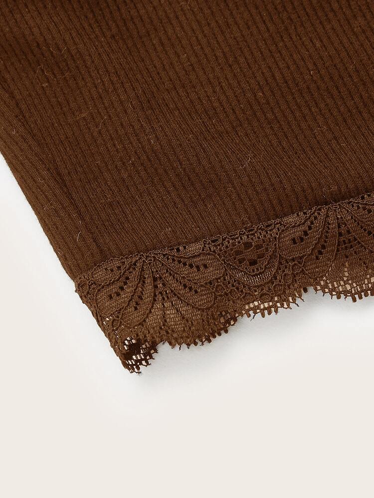 SHEIN Qutie Plus Contrast Lace Crop Cami Top - Coffee Brown - View 3