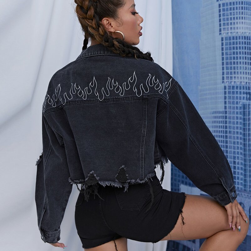 

Fire Print Ripped Raw Hem Denim Jacket, Black