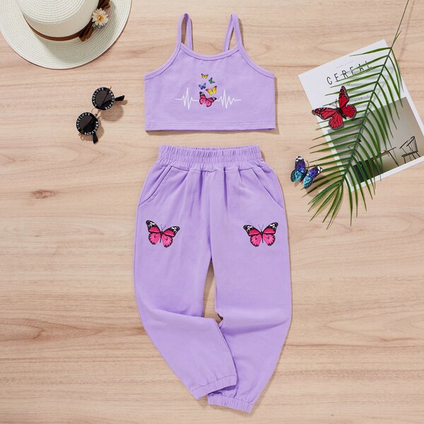 

Toddler Girls Butterfly Print Cami Top With Sweatpants, Lilac purple