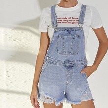 Patch Pocket Ripped Raw Hem Denim Overall Shorts