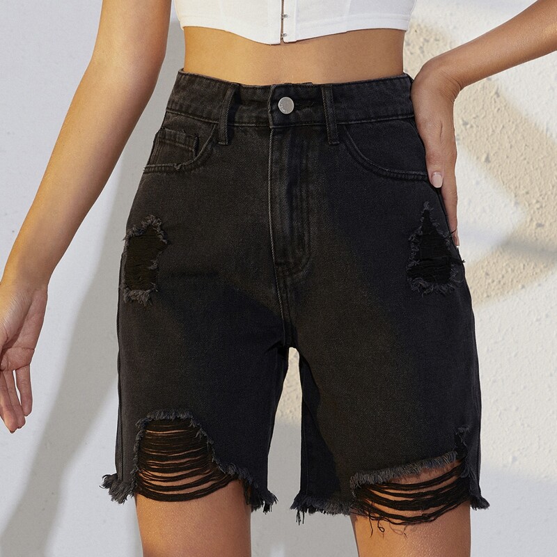 

High Waist Ripped Raw Hem Bermuda Denim Shorts, Black