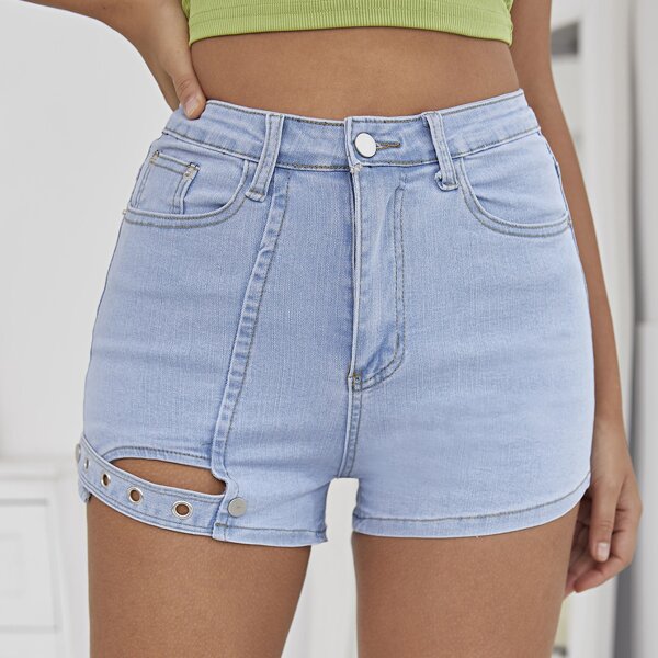 

High Waist Ring Detail Cut-out Denim Shorts, Light wash