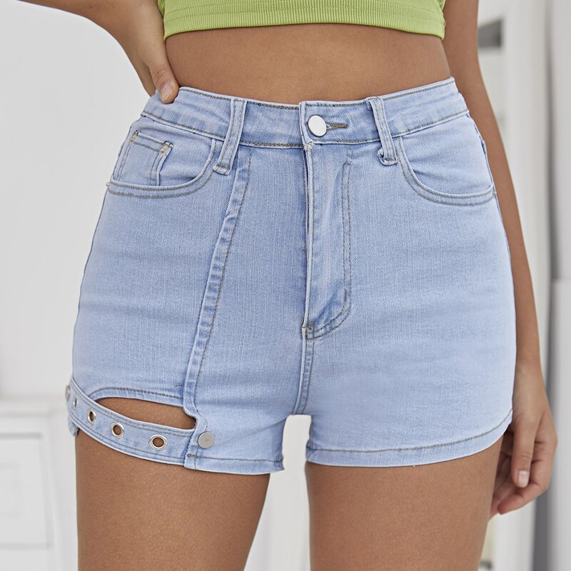 

High Waist Ring Detail Cut-out Denim Shorts, Light wash