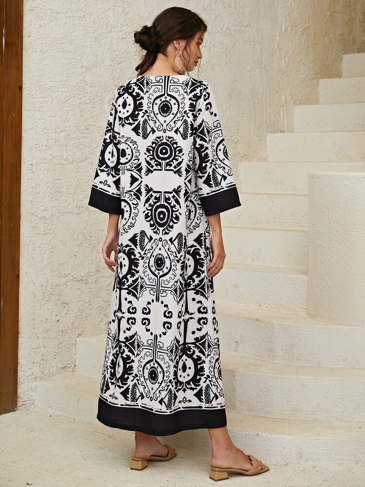 滿版圖案西裝領直筒洋裝 - 黑與白 - 查看 2