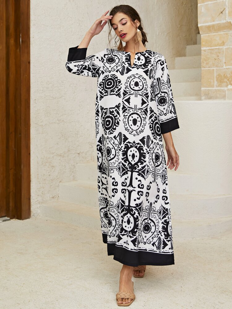 滿版圖案西裝領直筒洋裝 - 黑與白 - 查看 4