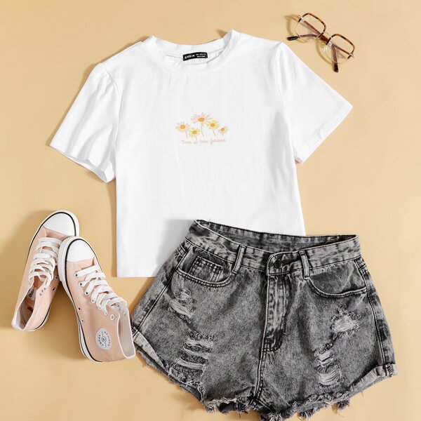 

Floral And Slogan Graphic Print Tee, White