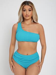 Bikini de un hombro fruncido y fruncido - Azul - Ver 6