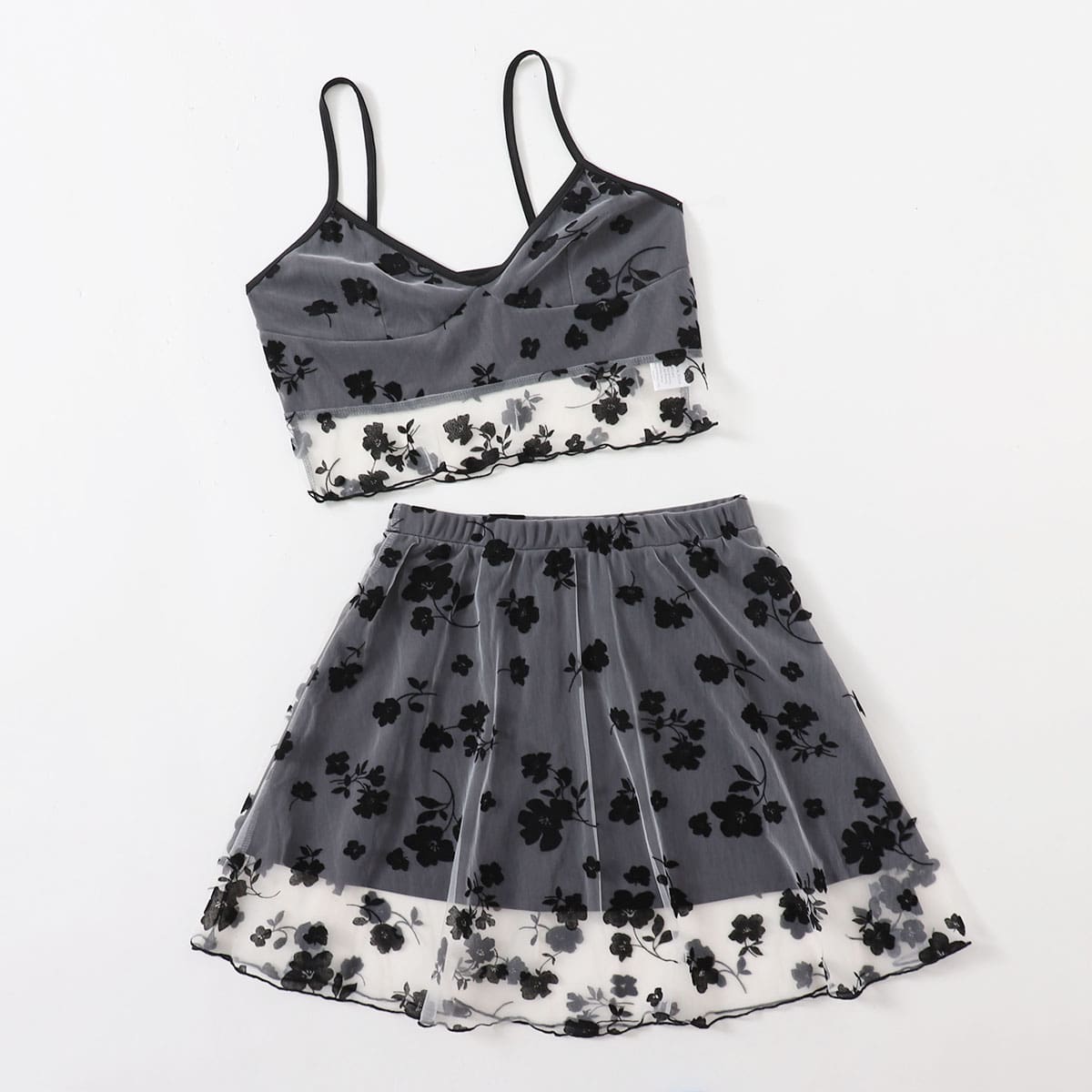 

Floral Print Contrast Mesh Crop Cami & Skirt, Black