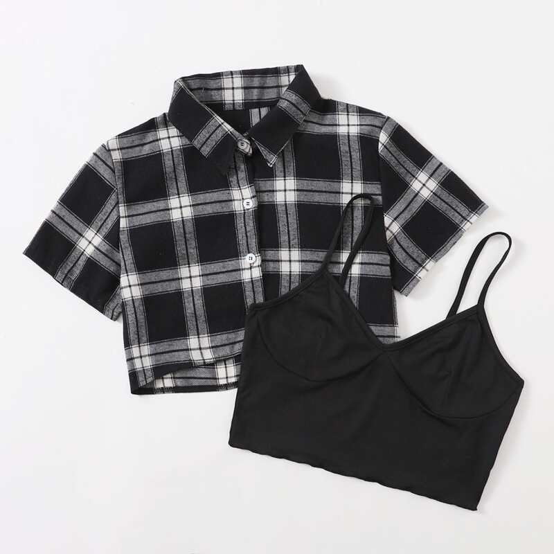 

Plaid Button Front Blouse & Solid Crop Cami, Black and white