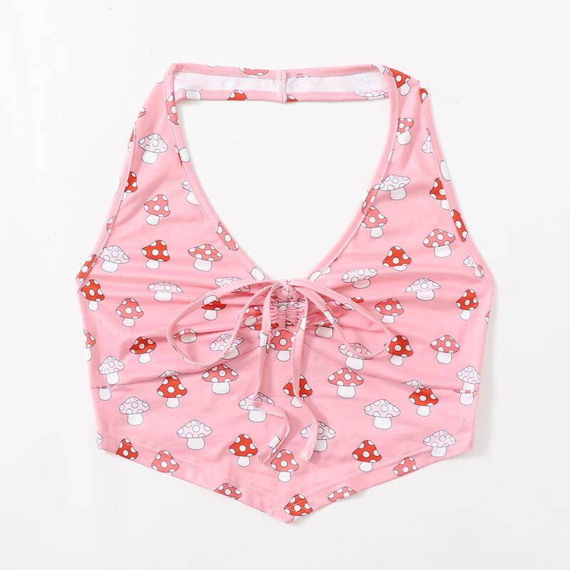 

Mushroom Print Drawstring Halter Top, Baby pink