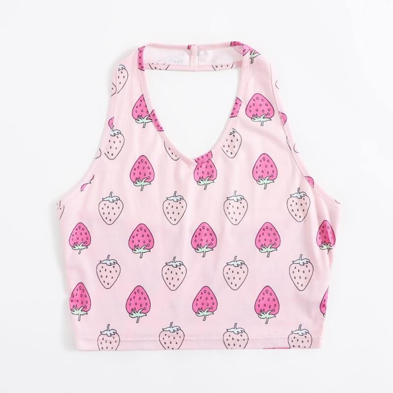 

Strawberry Print Halter Top, Baby pink