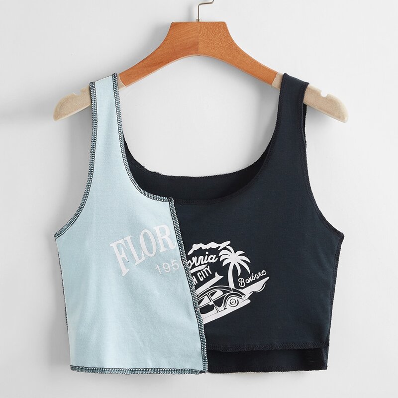 

Stitching Trim Colorblock Graphic Tank Top, Multicolor