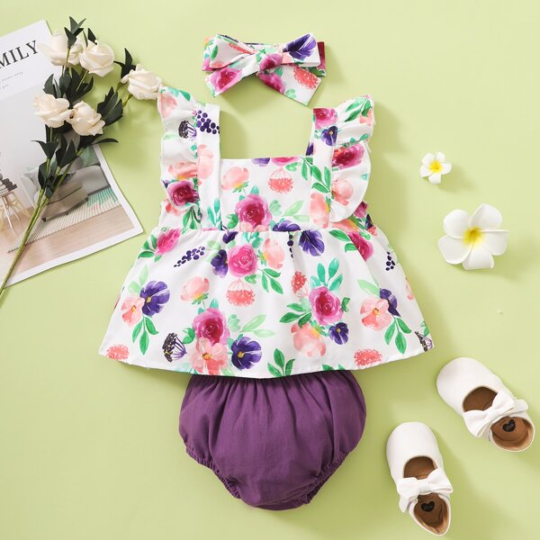 

Baby Girl Floral Print Ruffle Blouse & Shorts & Headband, Multicolor