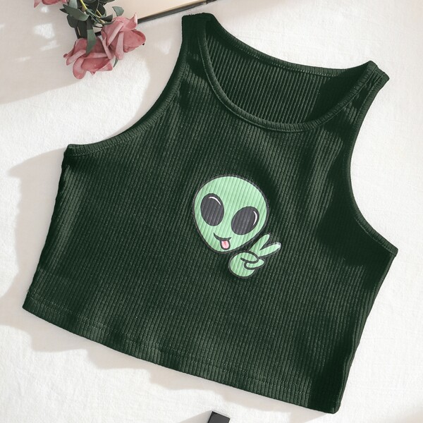 

Letter Graphic Rib-knit Tank Top, Dark green