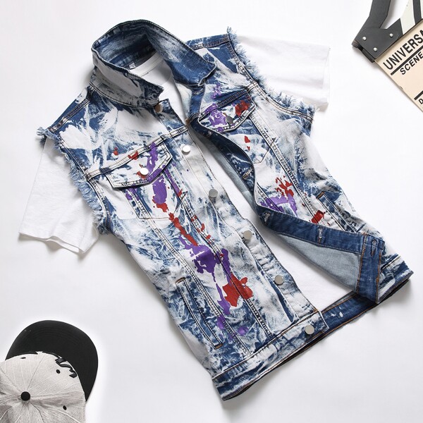 

Men 1pc Raw Trim Graphic Denim Jacket, Multicolor