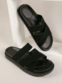 Faux Leather Crisscross Vamp Slide Sandals - Black - View 1