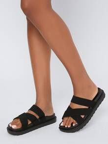 Faux Leather Crisscross Vamp Slide Sandals - Black - View 2