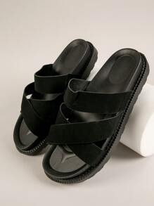 Faux Leather Crisscross Vamp Slide Sandals - Black - View 3