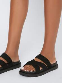 Faux Leather Crisscross Vamp Slide Sandals - Black - View 4