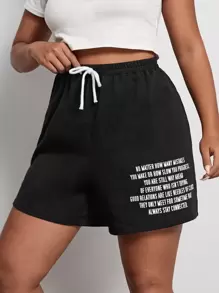 SHEIN Plus Slogan Graphic Track Shorts - Black - View 1