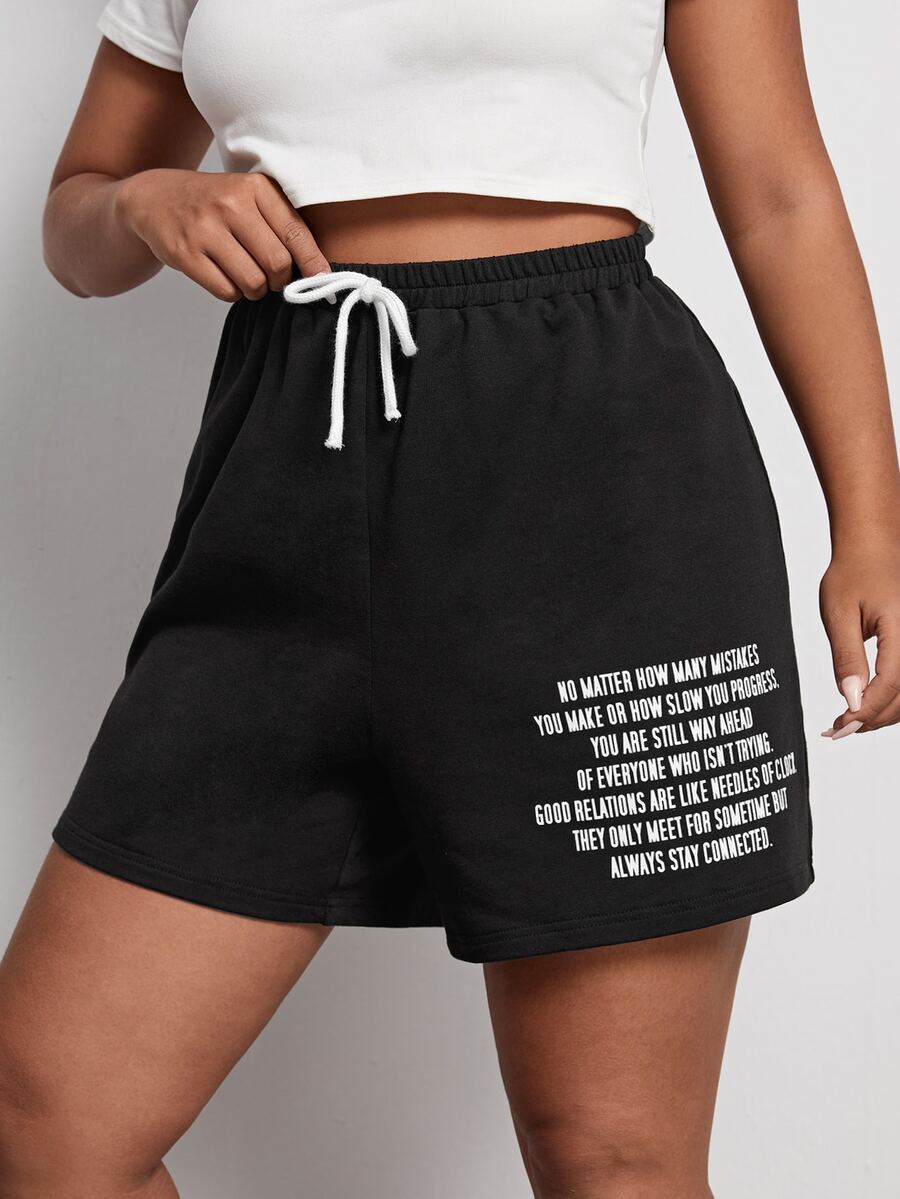 SHEIN Plus Slogan Graphic Track Shorts - Black - View 1