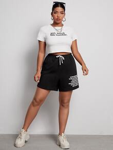 SHEIN Plus Slogan Graphic Track Shorts - Black - View 3