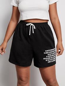 SHEIN Plus Slogan Graphic Track Shorts - Black - View 4