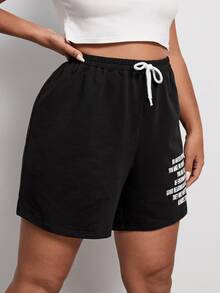 SHEIN Plus Slogan Graphic Track Shorts - Black - View 5