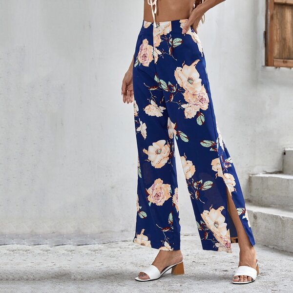 

Floral Print Slit Hem Pants, Navy blue