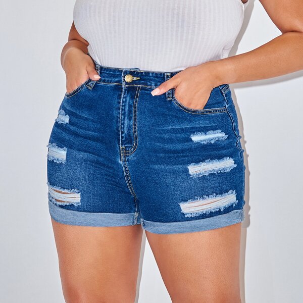 

Plus High Waist Ripped Roll Hem Denim Shorts, Medium wash