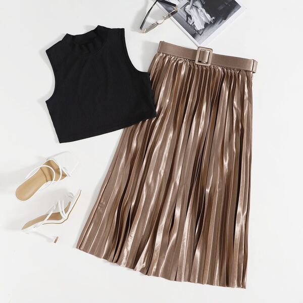 

Mock Neck Tank Top & Belted Pleated Skirt, Multicolor