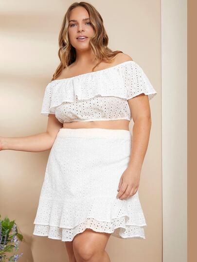 طقم تنورة مع لباس علوي باردو شيفي مكشكش مقاس كبير