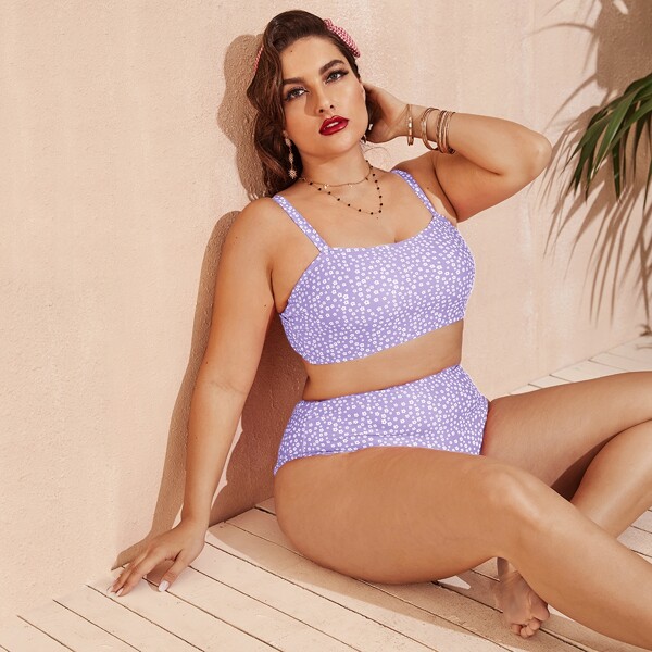 

Plus Ditsy Floral High Waisted Bikini Swimsuit, Lilac purple