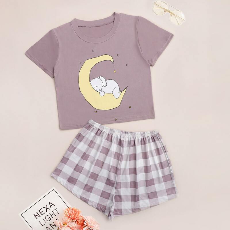 

Plus Cartoon Graphic Pajama Set, Multicolor