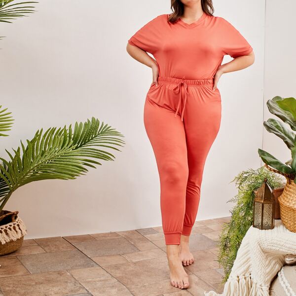 

Plus Solid V-neck Knot Detail PJ Set, Orange