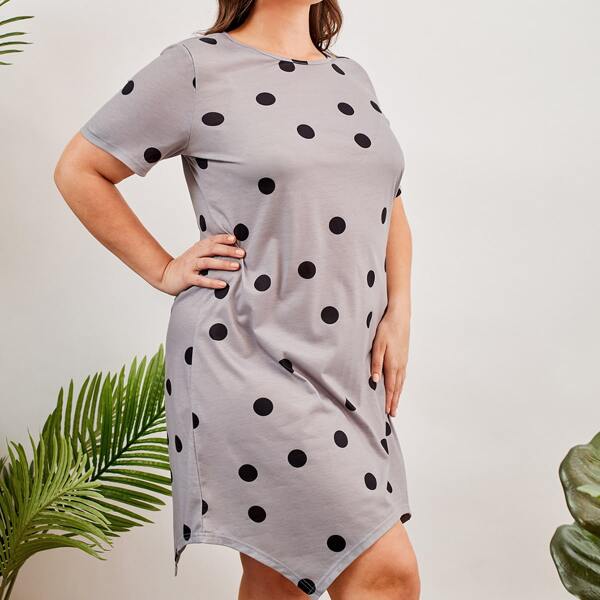 

Plus Polka Dot Asymmetrical Hem Night Dress, Grey