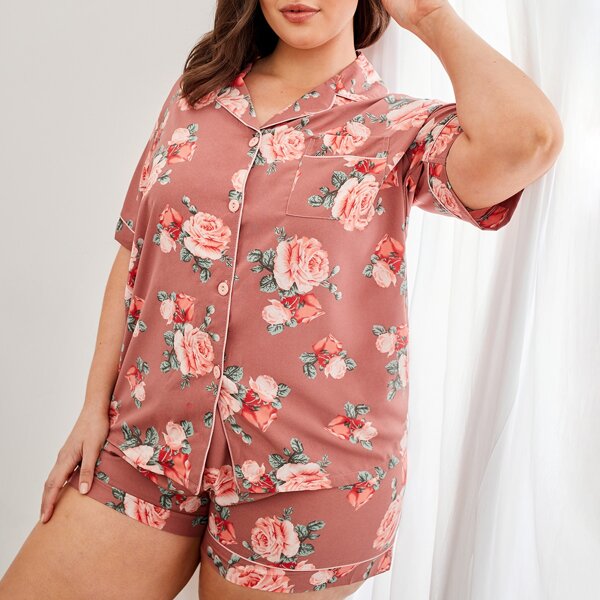 

Plus Floral Pocket Pajama Set, Dusty pink