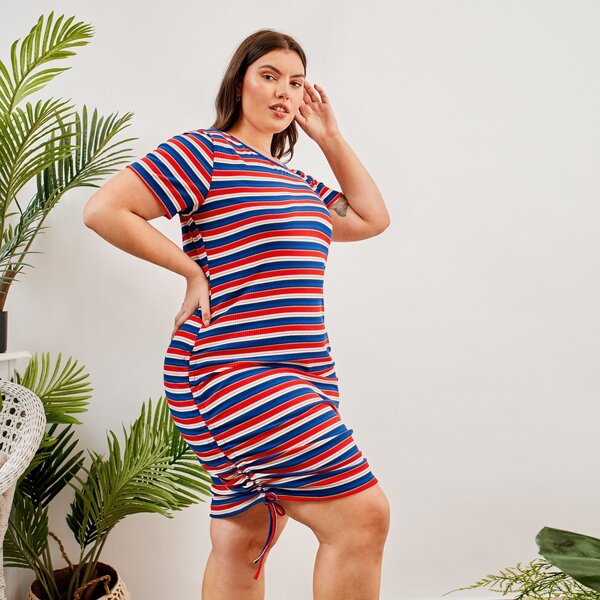 

Plus Striped Drawstring Hem Night Dress, Multicolor