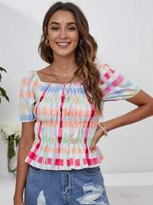 Top peplum con fruncido de guingán - Multicolor - Ver 4