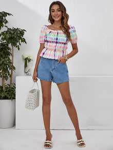 Áo sơ mi Viên lá sen Kẻ sọc Boho - Nhiều màu - Xem 3