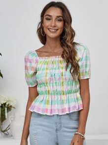 SHEIN Unity Top peplum con fruncido de guingán - Multicolor - Ver 1